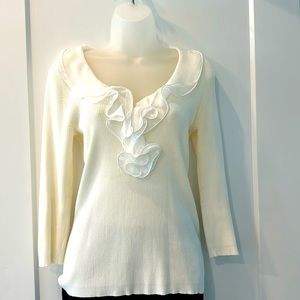 Cream colored 3/4 sleeve ruffle V neck top